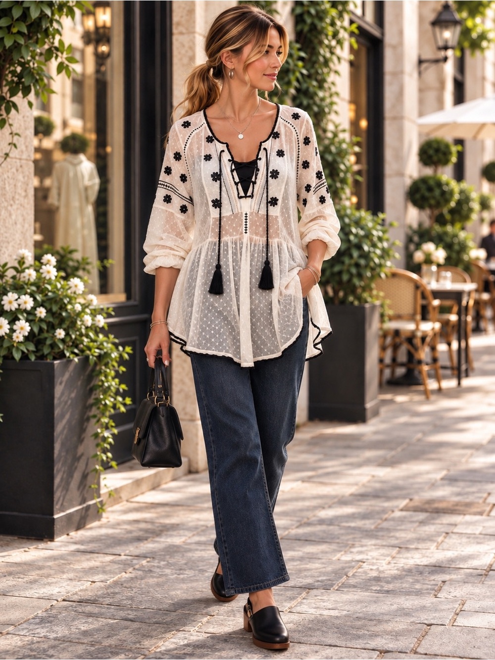 Free People Roses Are Red Mesh Lace Up Peasant Blouse Ivory Black Boho